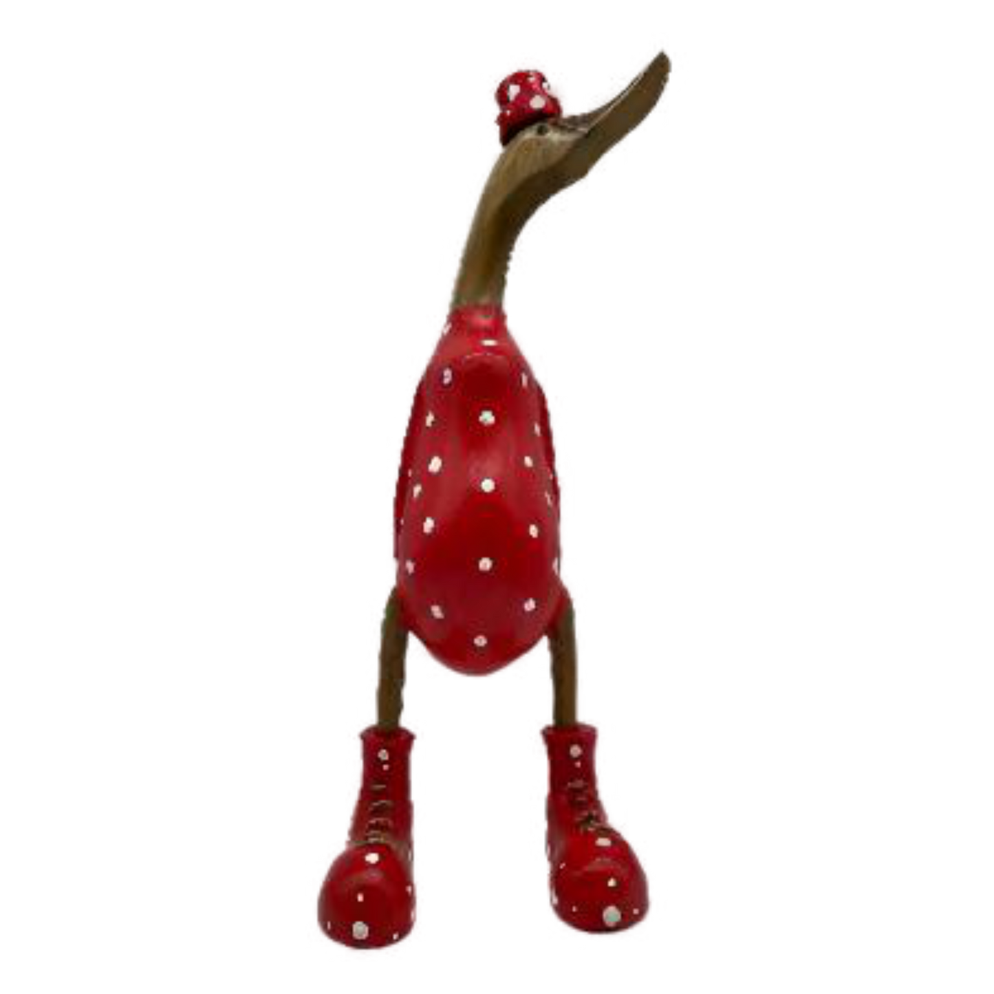 A Duck Wooden Red With White Polka Dots Boots And Hat