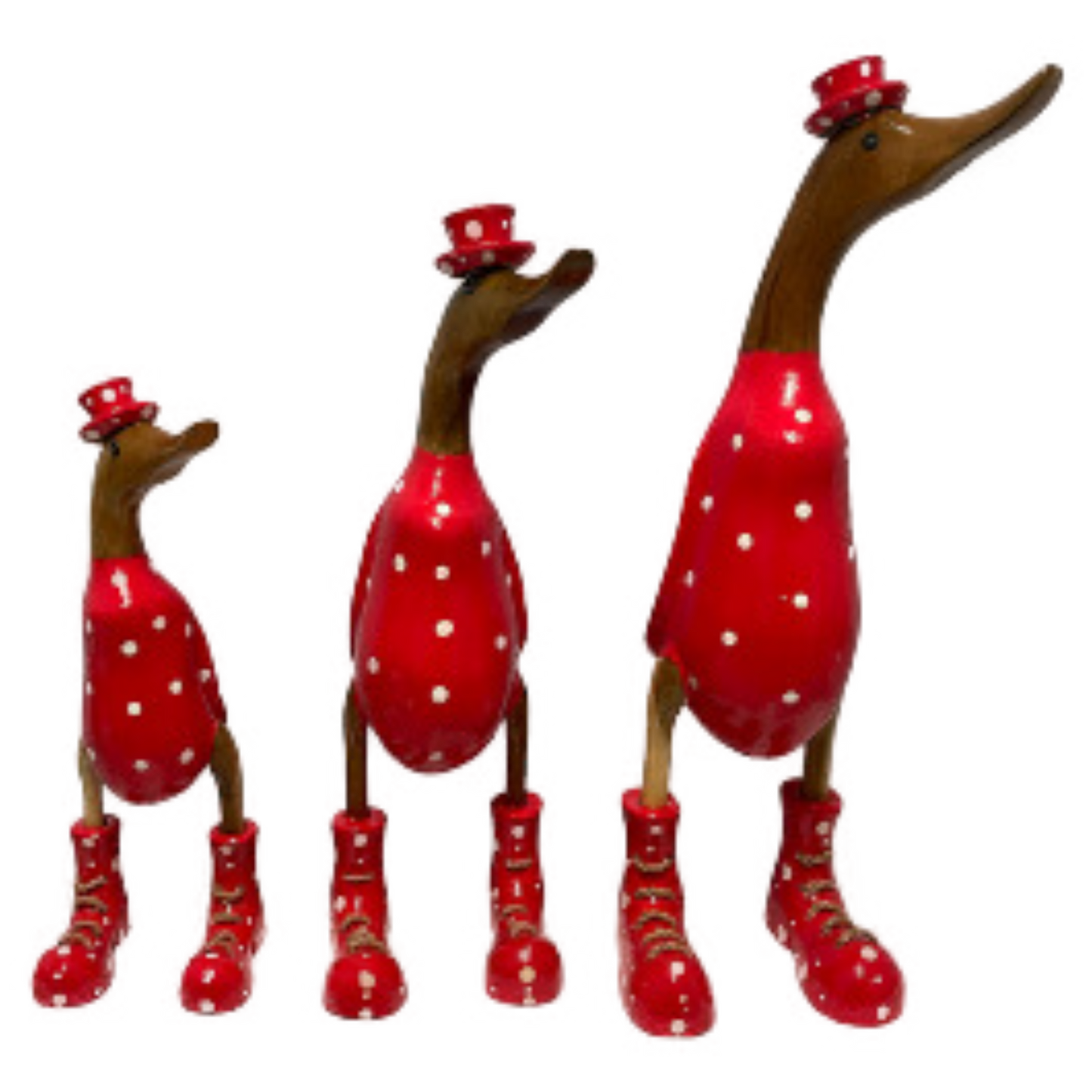 A Duck Wooden Red With White Polka Dots Boots And Hat