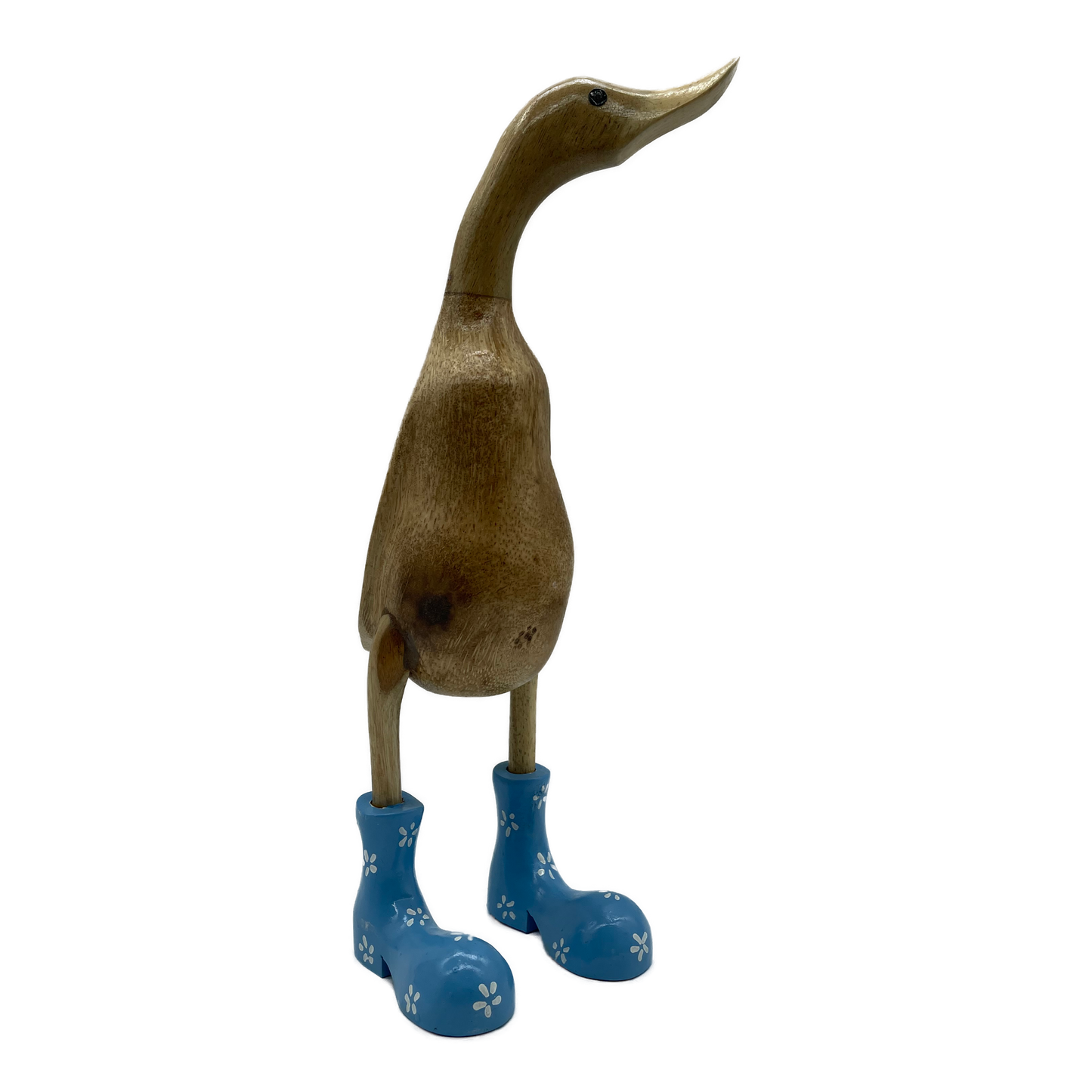 A Duck Wooden With Blue Boots And Flowers
