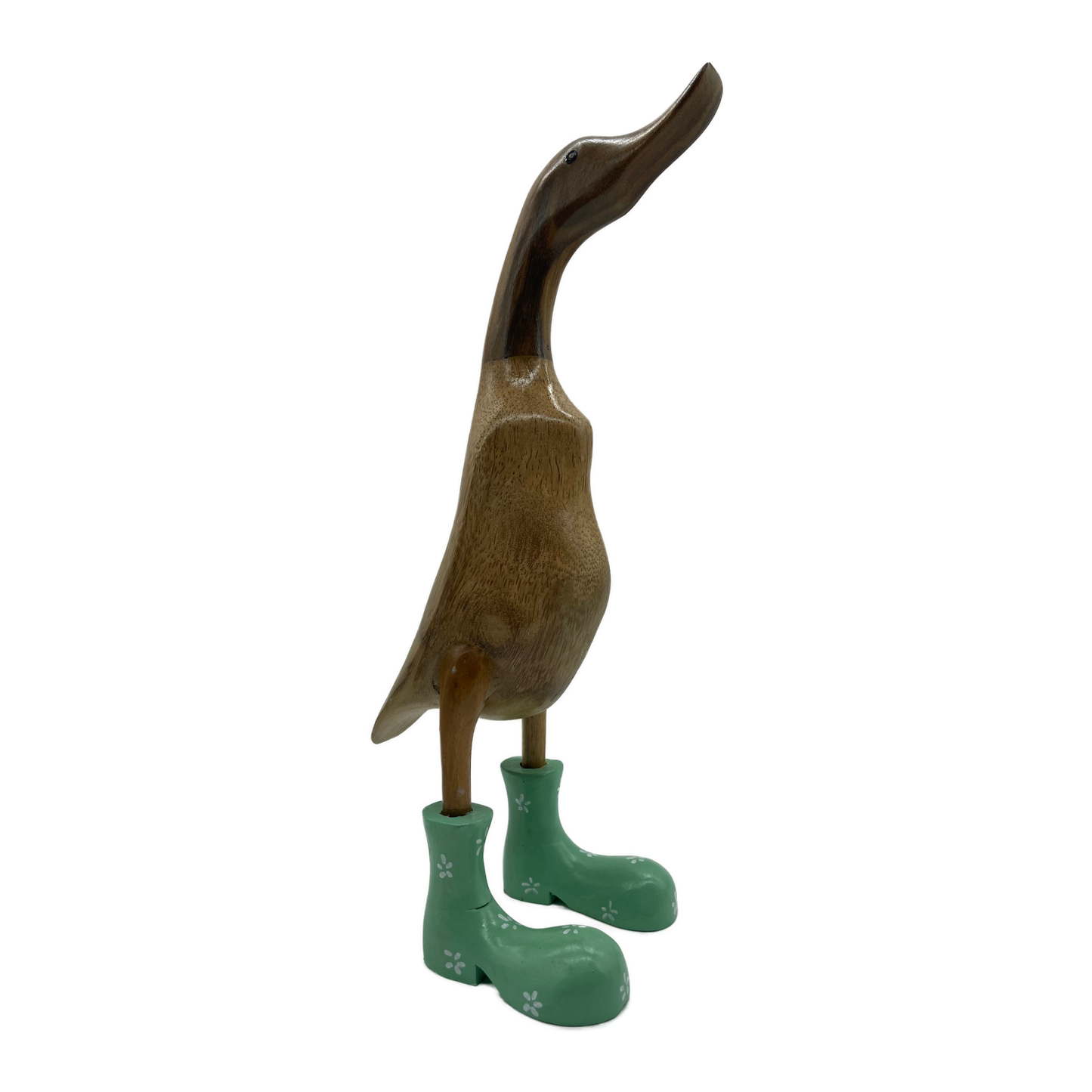 A Duck Wooden With Green Boots And Flowers