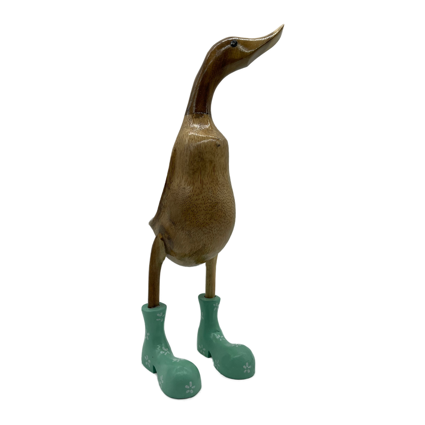 A Duck Wooden With Green Boots And Flowers