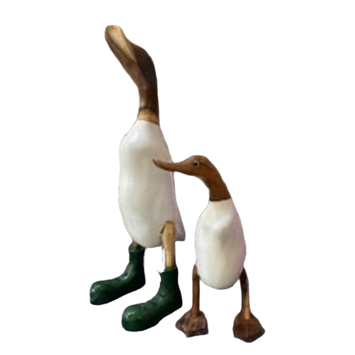 A Wooden Duck White With Green Boots