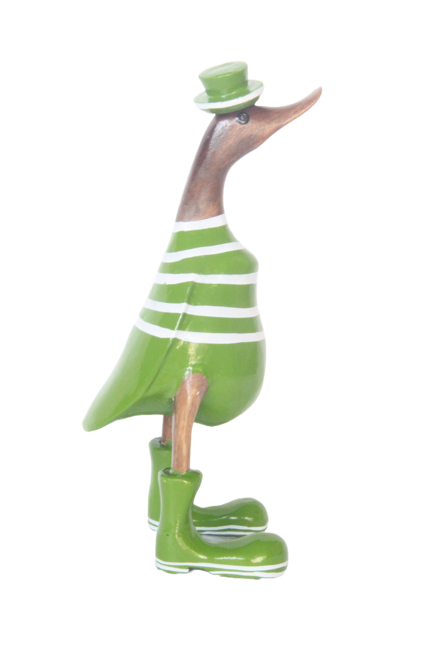 A Duck Wooden Green With White Stipes And Hat 25cm