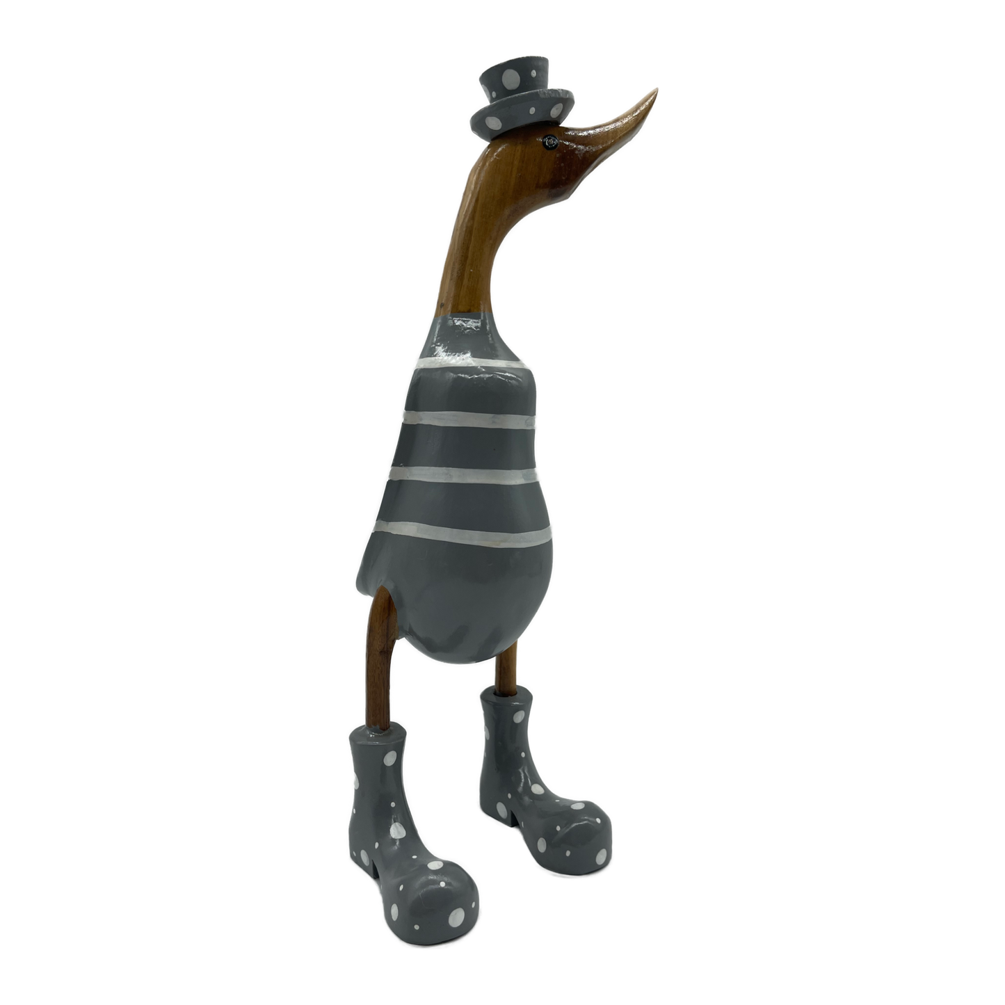 A Wooden Ducks With Grey Or Yellow Stripes Boots And Hat