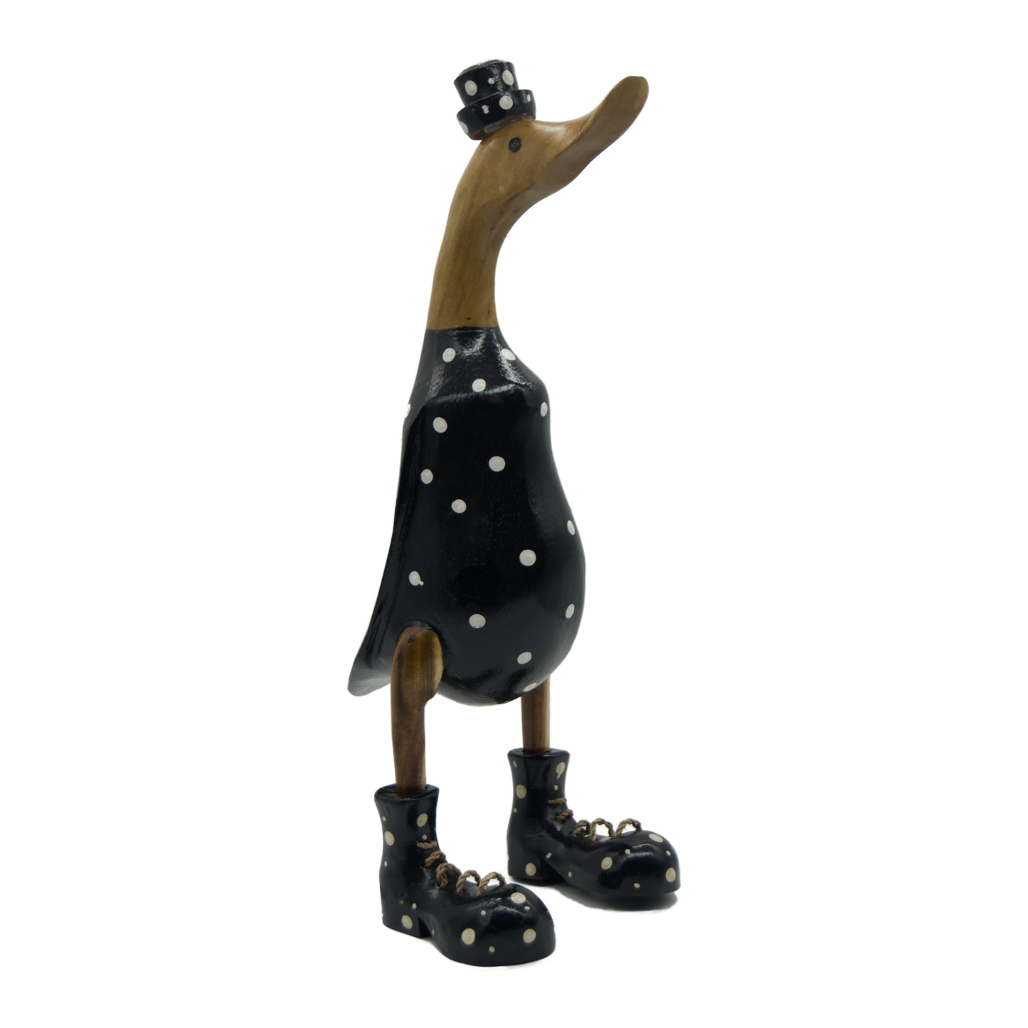 A Duck Wooden Black With White Polka Dots Boots And Hat