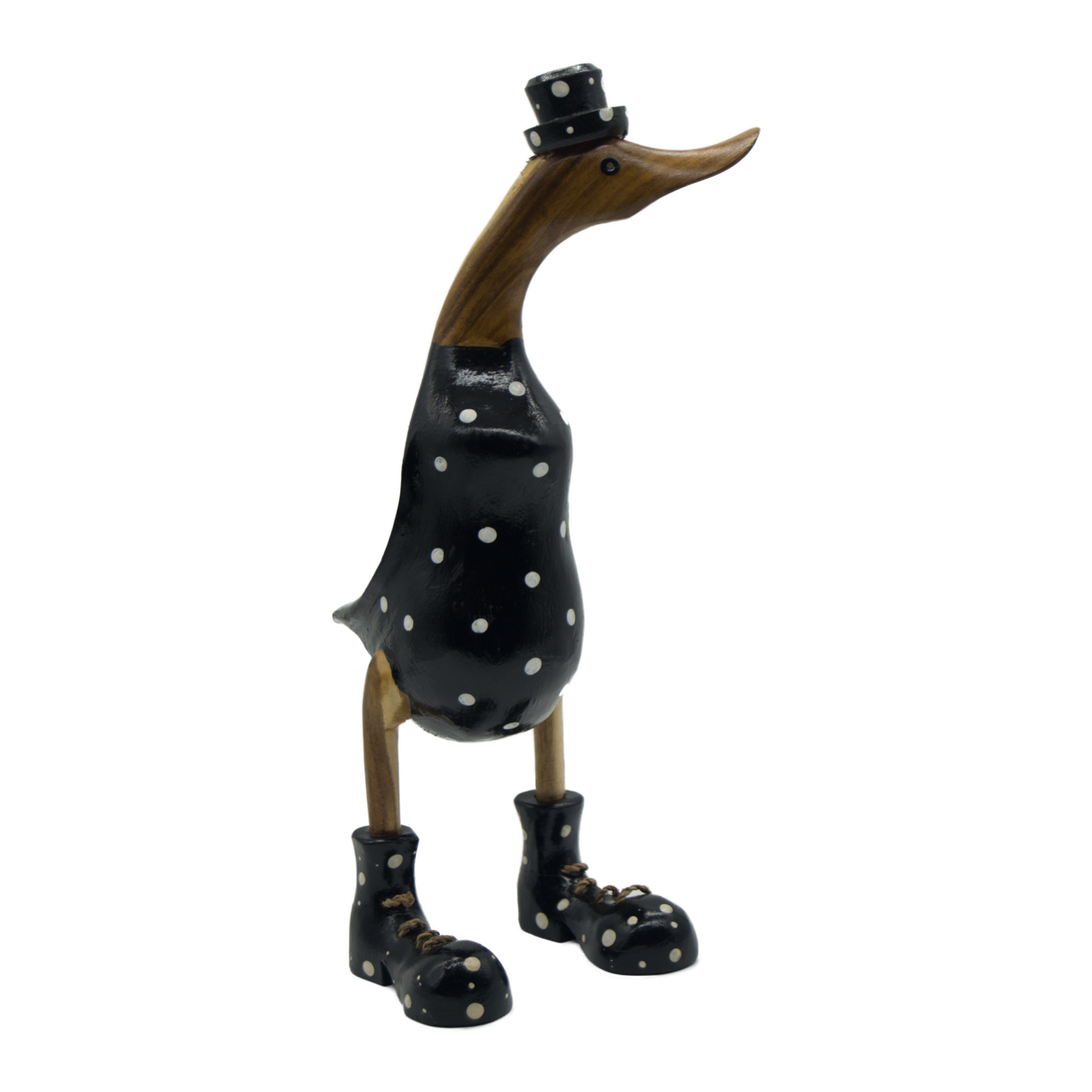 A Duck Wooden Black With White Polka Dots Boots And Hat