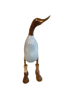 Bamboo And Teak Duck With Pretty Blue Flowers And Boots Just Landed