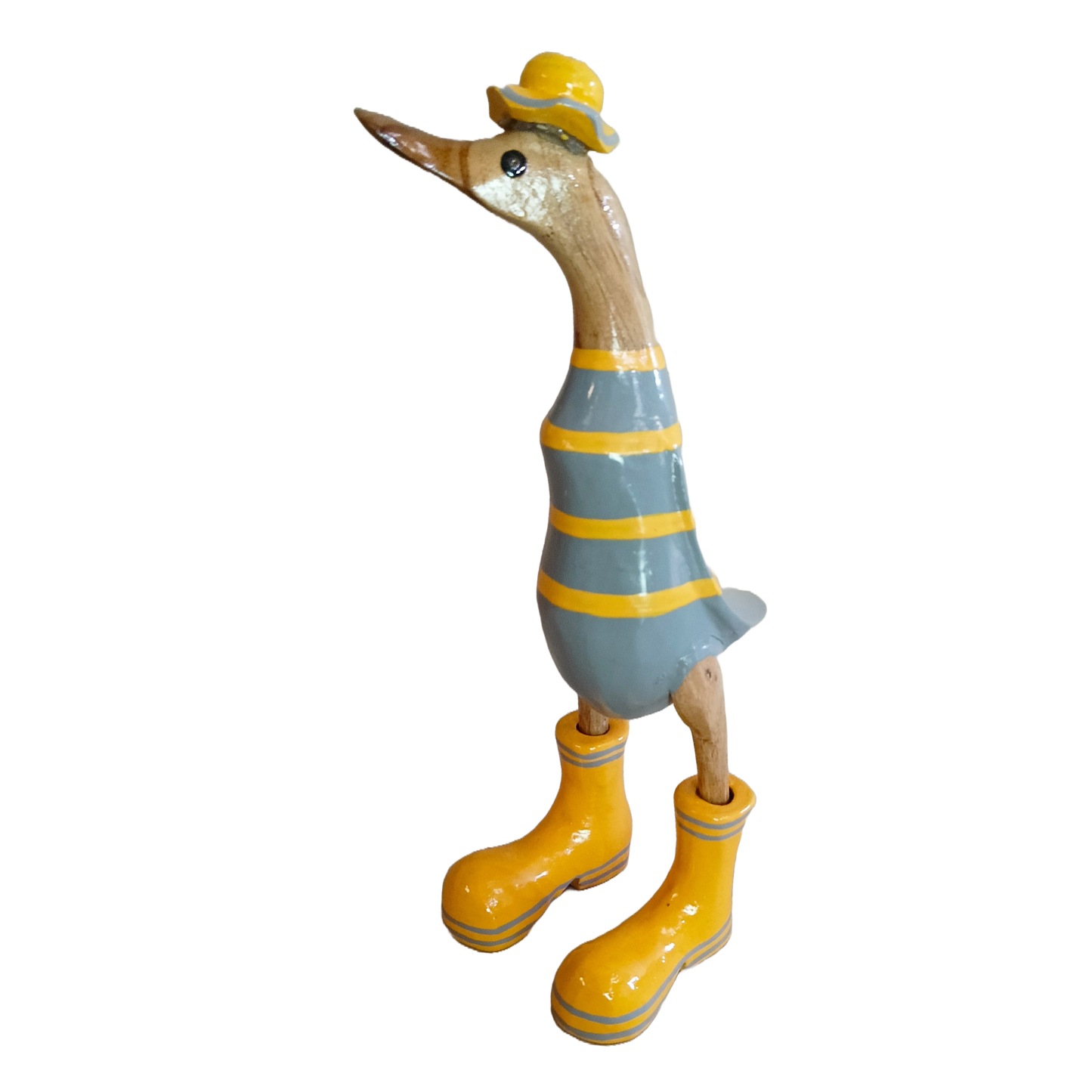 A Wooden Ducks With Grey Or Yellow Stripes Boots And Hat