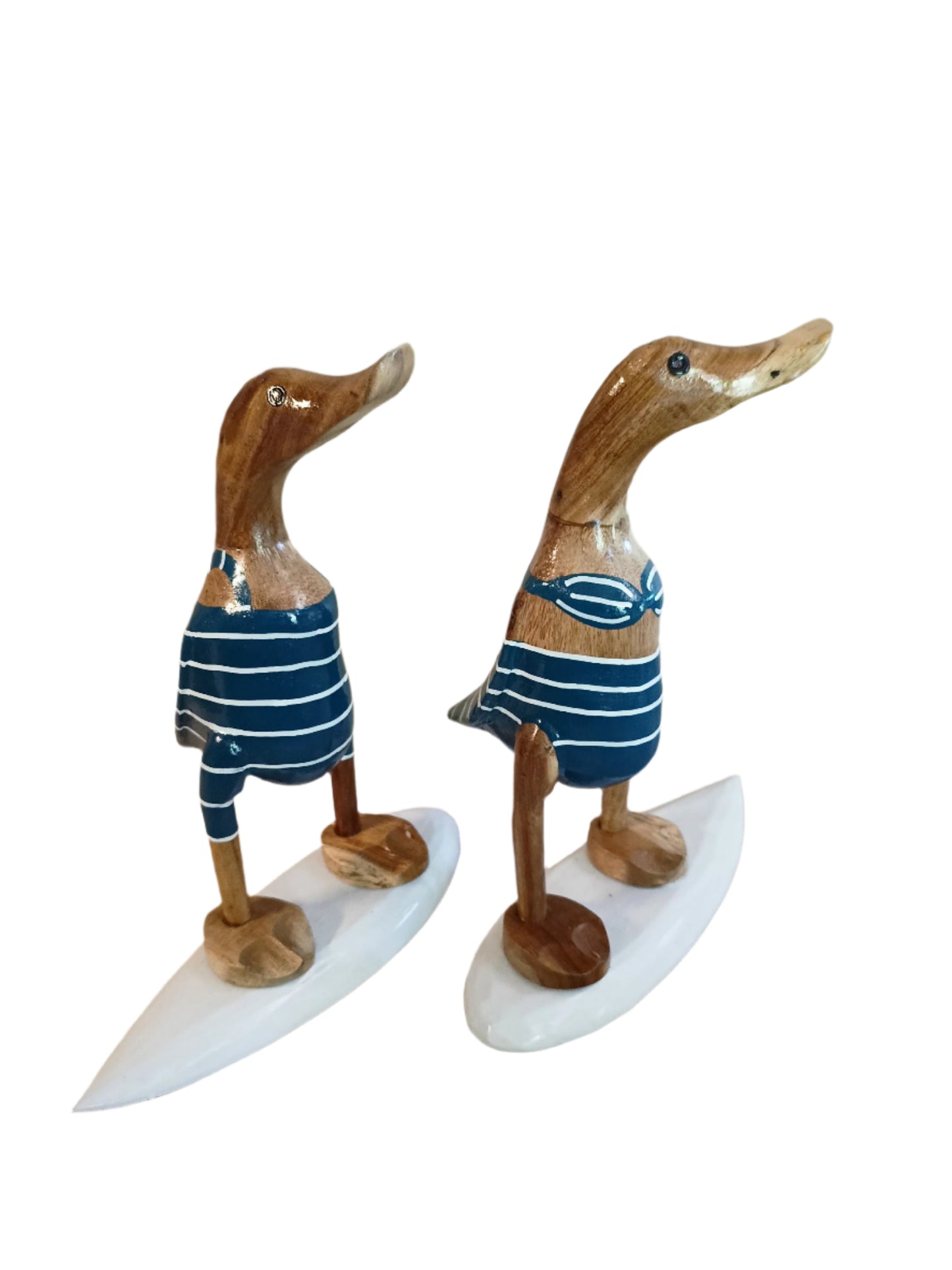 A Male or Female Surfer Duck 25cm Wooden Duck in Blue and White.
