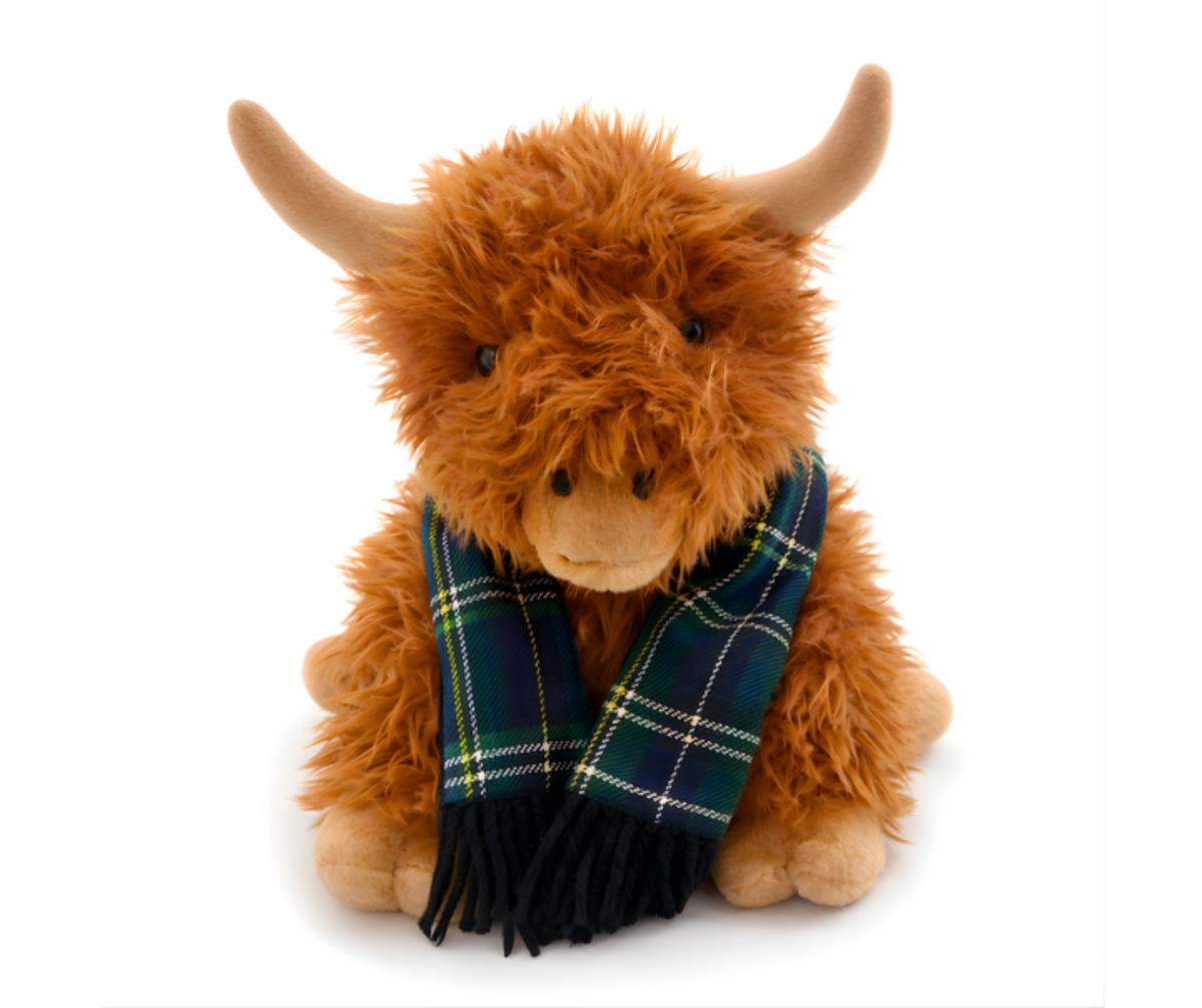 Hamish the Highland Cow Keyring Green Scarf Tan