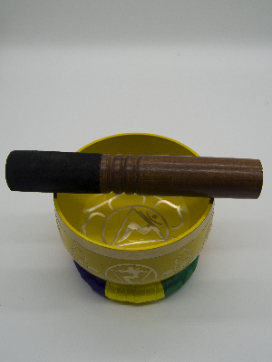 Tibetan Singing Bowl With Wooden Striker Yellow 13cm Diameter