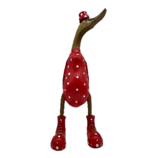 A Duck Wooden Red With White Polka Dots Boots  And Hat