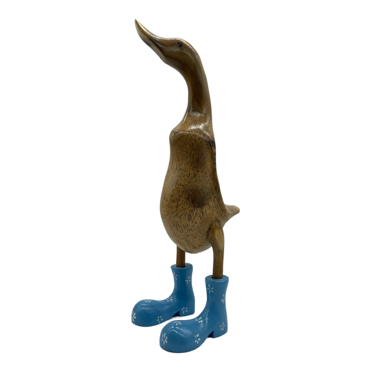 A Duck Wooden With Blue   Boots And Flowers