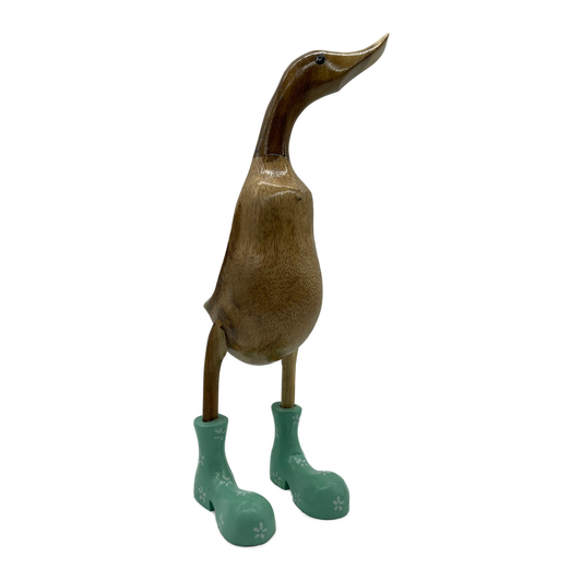 A Duck Wooden With  Green  Boots And Flowers
