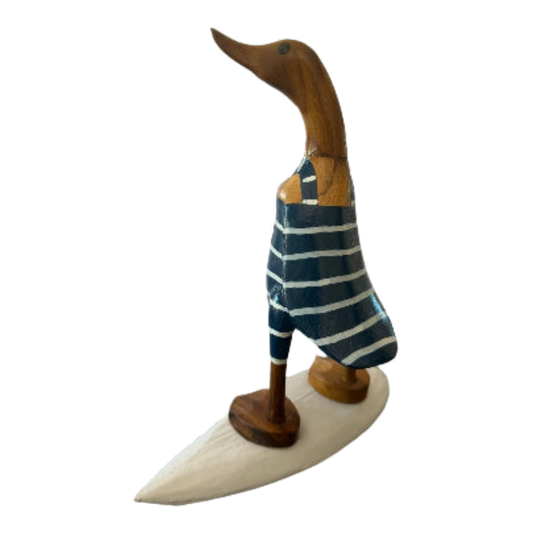A Surfer Duck 25cm Wooden Duck in Navy Blue and White