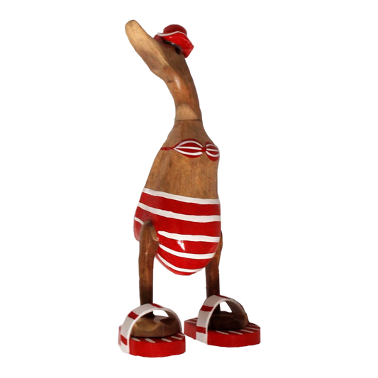 A Wooden Duck  Red And White  Stripes  With Sun Hat  Off To The Beach  35cm