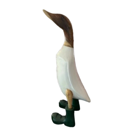 A Wooden Duck White With Green Boots