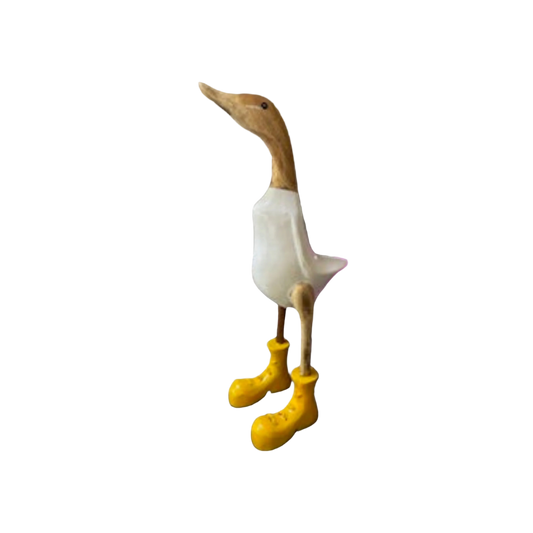 A Wooden Duck White With Yellow Boots