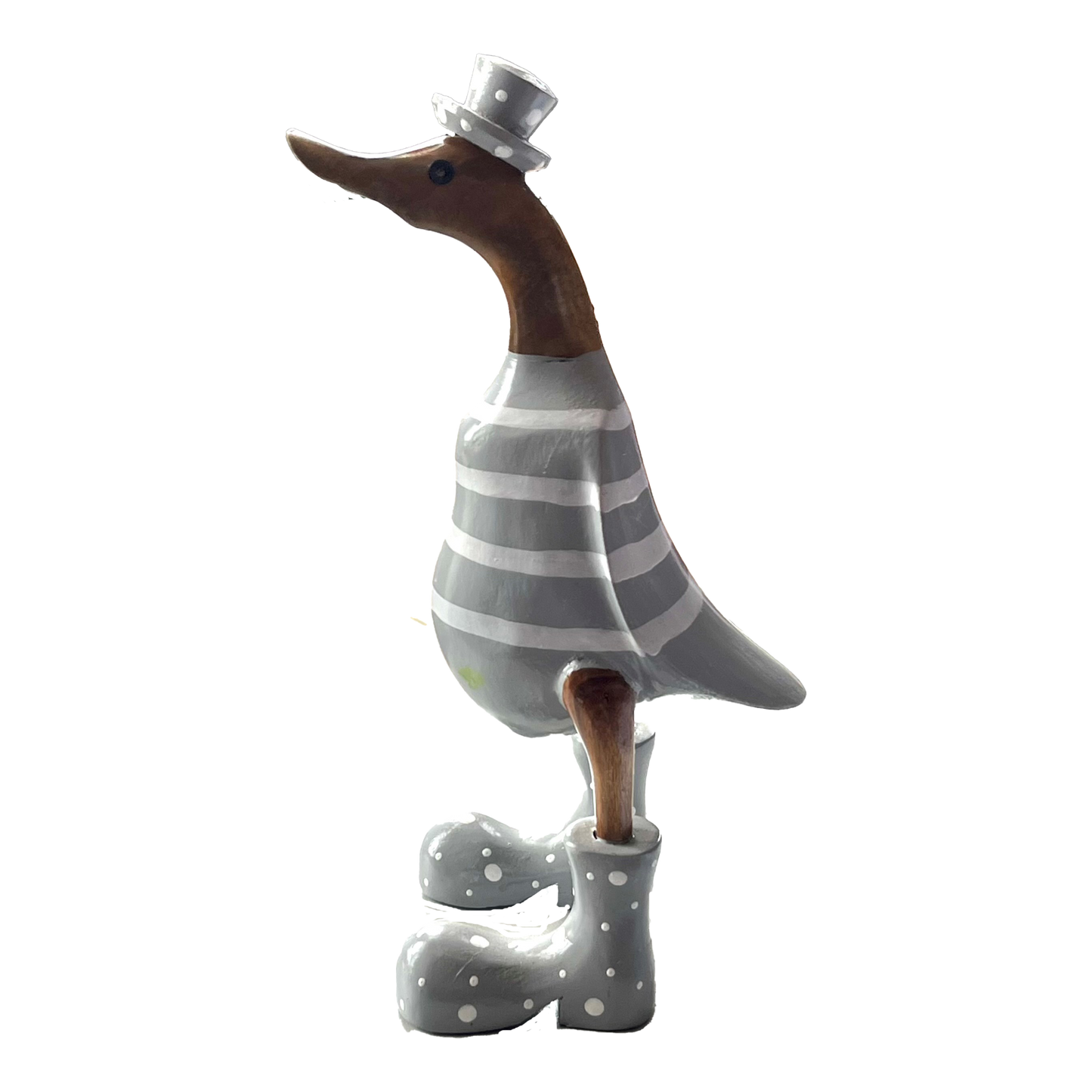 A Wooden Ducks With  Grey Or Yellow Stripes Boots And Hat