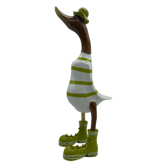 A Wooden Ducks With Lime  Green Stripes Boots And Hat 35cm