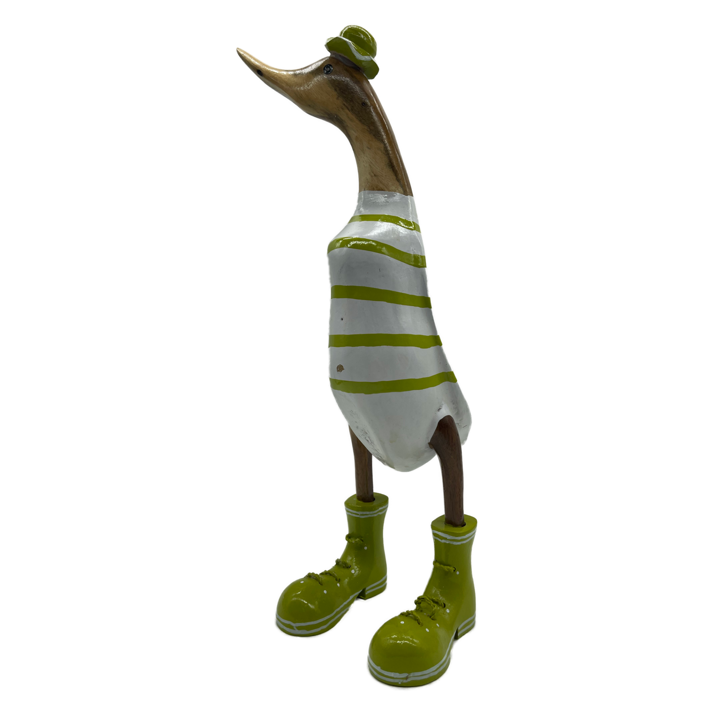 A Wooden Ducks With Lime  Green Stripes Boots And Hat 35cm