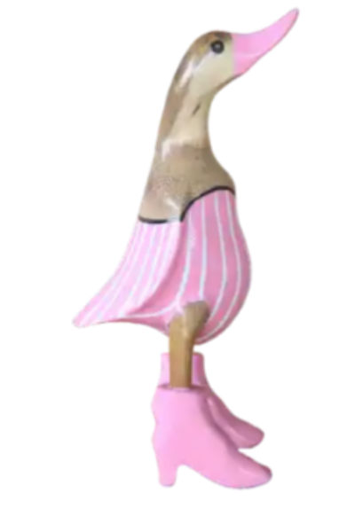 Decorative duck figurine with a pink dress on a white background