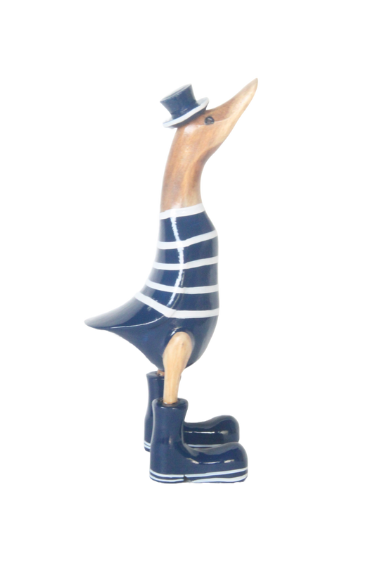A Wooden Ducks  Blue With White Candy  Stripes  Boots And Hat 25cm