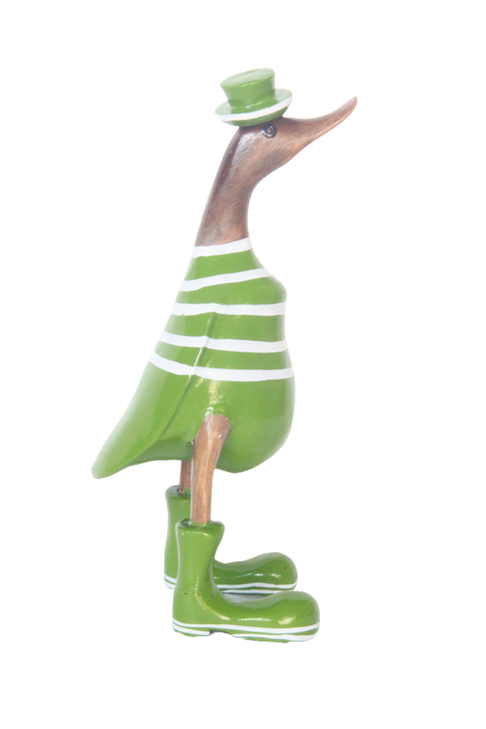 A Duck Wooden Green  With White Stipes And Hat 25cm