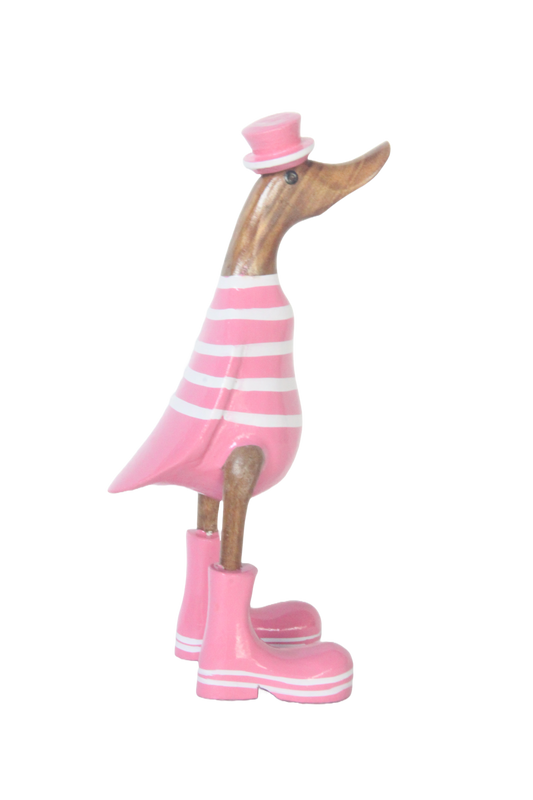 A Wooden Duck Pink With  White Stripes And Hat Boots 35cm