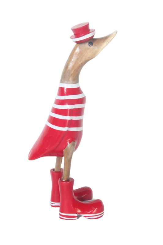 A Duck Wooden Red With White Stripes And Hat  25cm