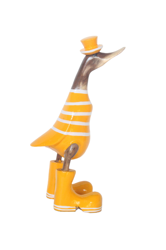 A Duck Wooden Yellow With White Candy  Stripes And Hat