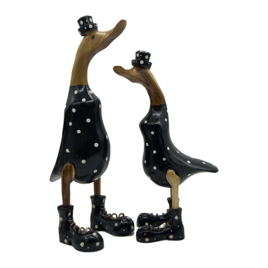 A Duck Wooden Black With White Polka Dots Boots  And Hat