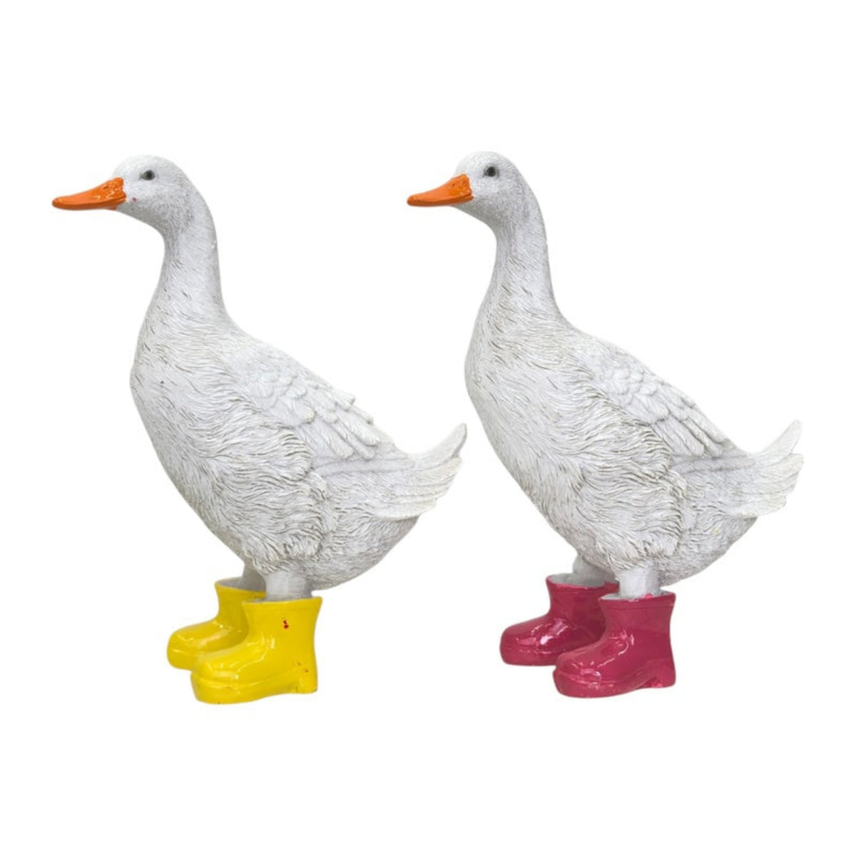Two white duck figurines standing on colorful rubber boots, shown side by side against a plain white background. One duck wears yellow boots and the other wears pink boots.