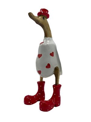 A Wooden White Duck With Red Hearts and Red Boots 35cm