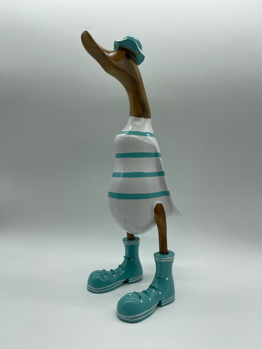 Wooden Ducks With Aqua Stripes Boots And Hat