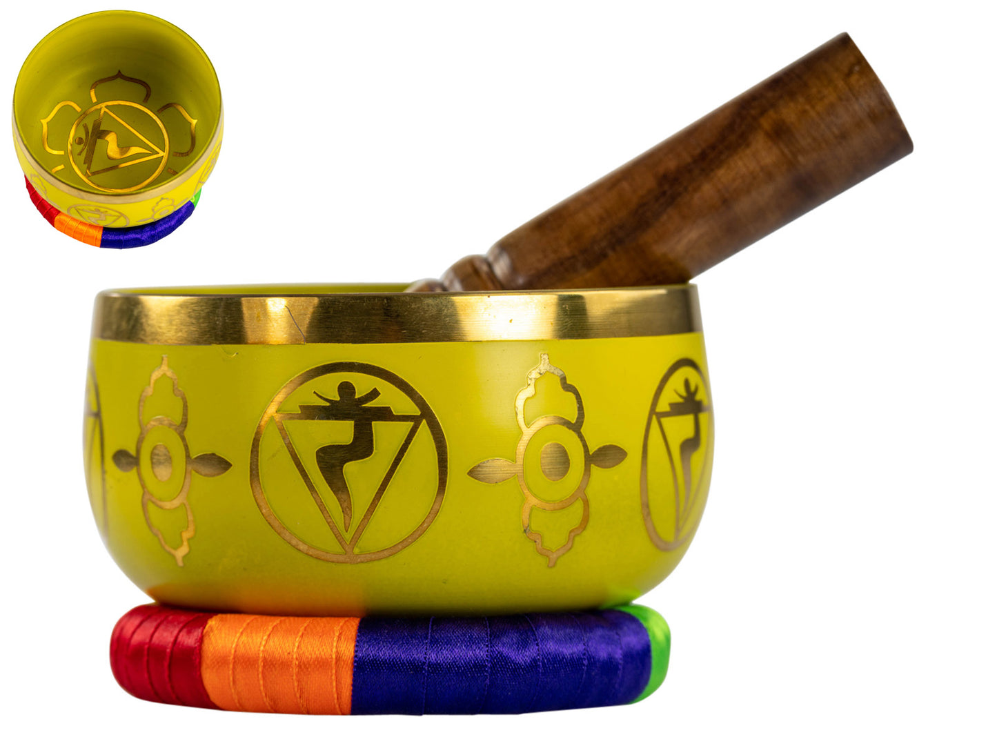 Tibetan Singing Bowl With Wooden Striker Yellow 13cm Diameter