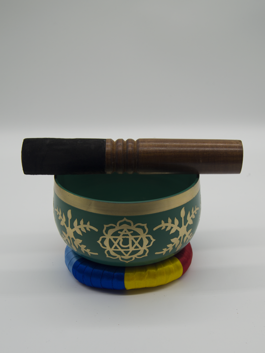 Tibetan Singing Bowl With Wooden Striker Green 13cm Diameter