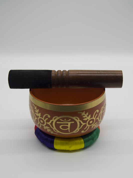 Tibetan Singing Bowl With Wooden Striker Orange 13cm Diameter